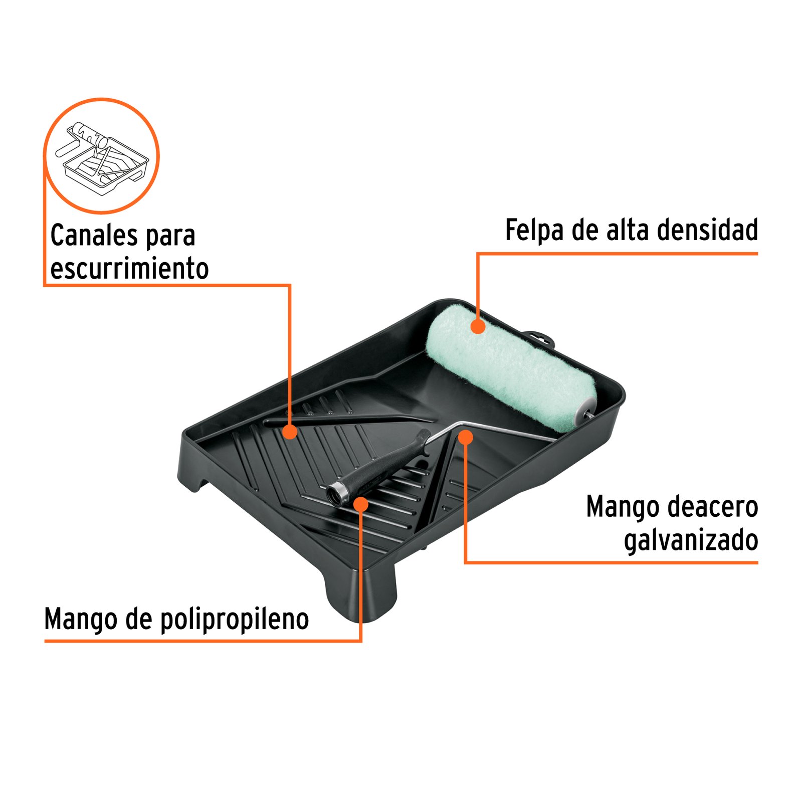 Kit de rodillo para pintar, 9" (maneral, charola y felpa) - Image 3