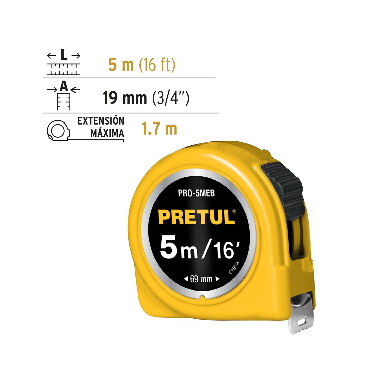 Flexómetro amarillo 5 m cinta 19 mm, en tarjeta, PRETUL - Image 3