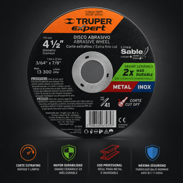 Disco Tipo 41 de 4-1/2" x 1 mm corte fino de metal, Expert